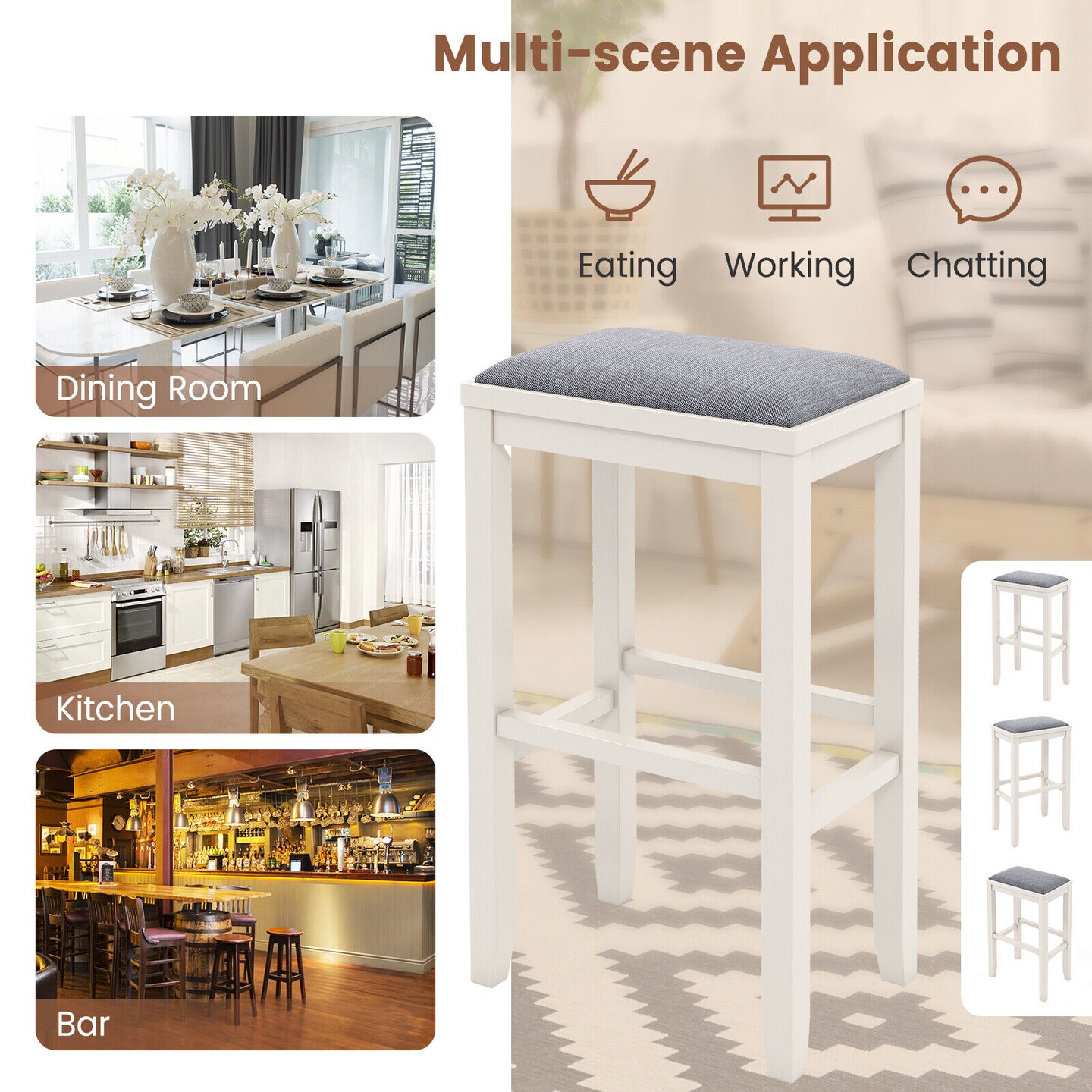Rubber Wood Linen Bar Stools &#x2013; Backless, 265 lbs Capacity