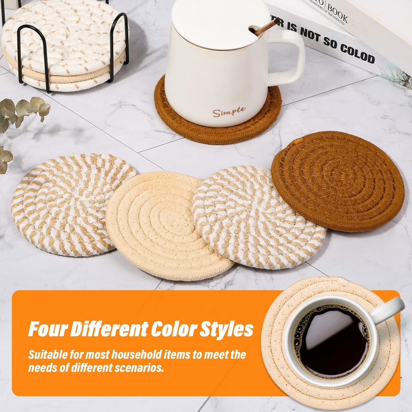 8 Pcs Drink Coasters with Holder, 4 Colors Absorbent Coasters for Drinks, Minimalist Cotton Woven Coaster Set for Home Decor Tabletop Protection Suitable for Kinds of Cups, 4.3 Inches.(NO.2)