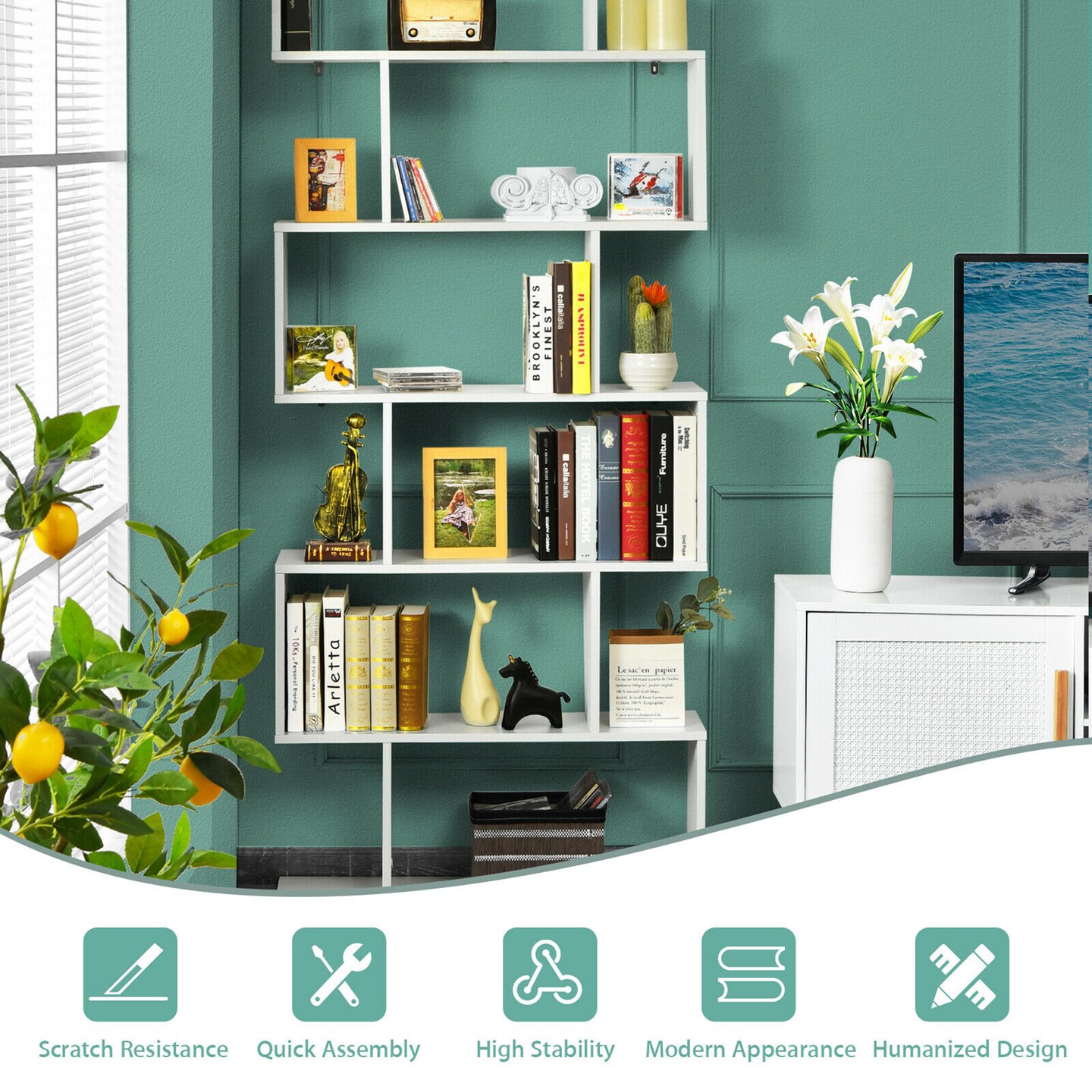 Costway 2 PCS 6 Tier S-Shaped Bookshelf Storage Display Bookcase Z-Shelf