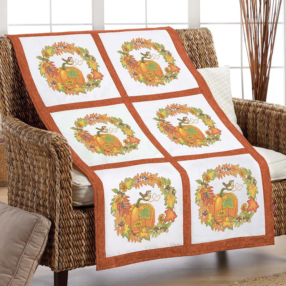 Herrschners  Fall Wreath Quilt Blocks Stamped Cross-Stitch