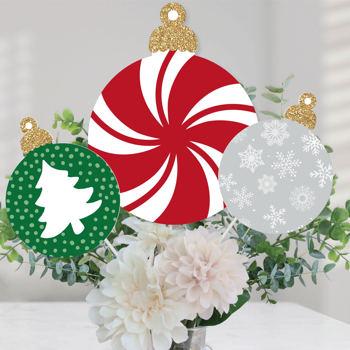 Big Dot of Happiness Ornaments - Holiday and Christmas Party Centerpiece Sticks - Table Toppers - Set of 15