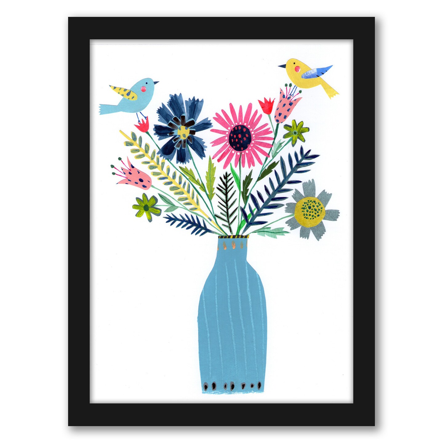 Tall Blue Vase Flowers & Birds by Liz And Kate Pope Frame