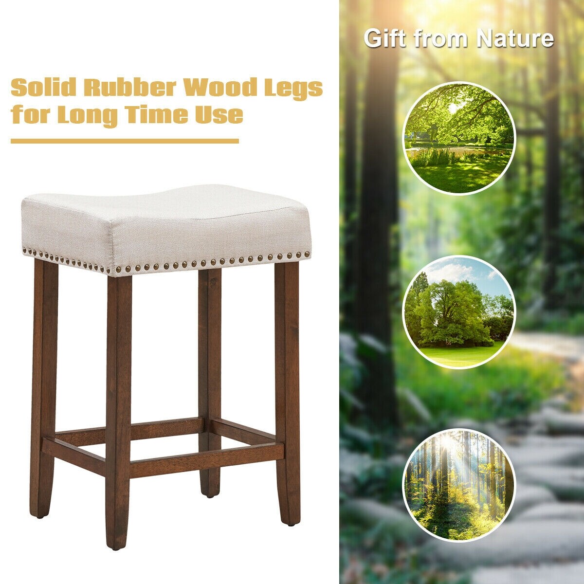 24 Inch Set of 2 Backless Curved Saddle Seat Bar Stools with Nail head Design Ideal for Indoor Seating