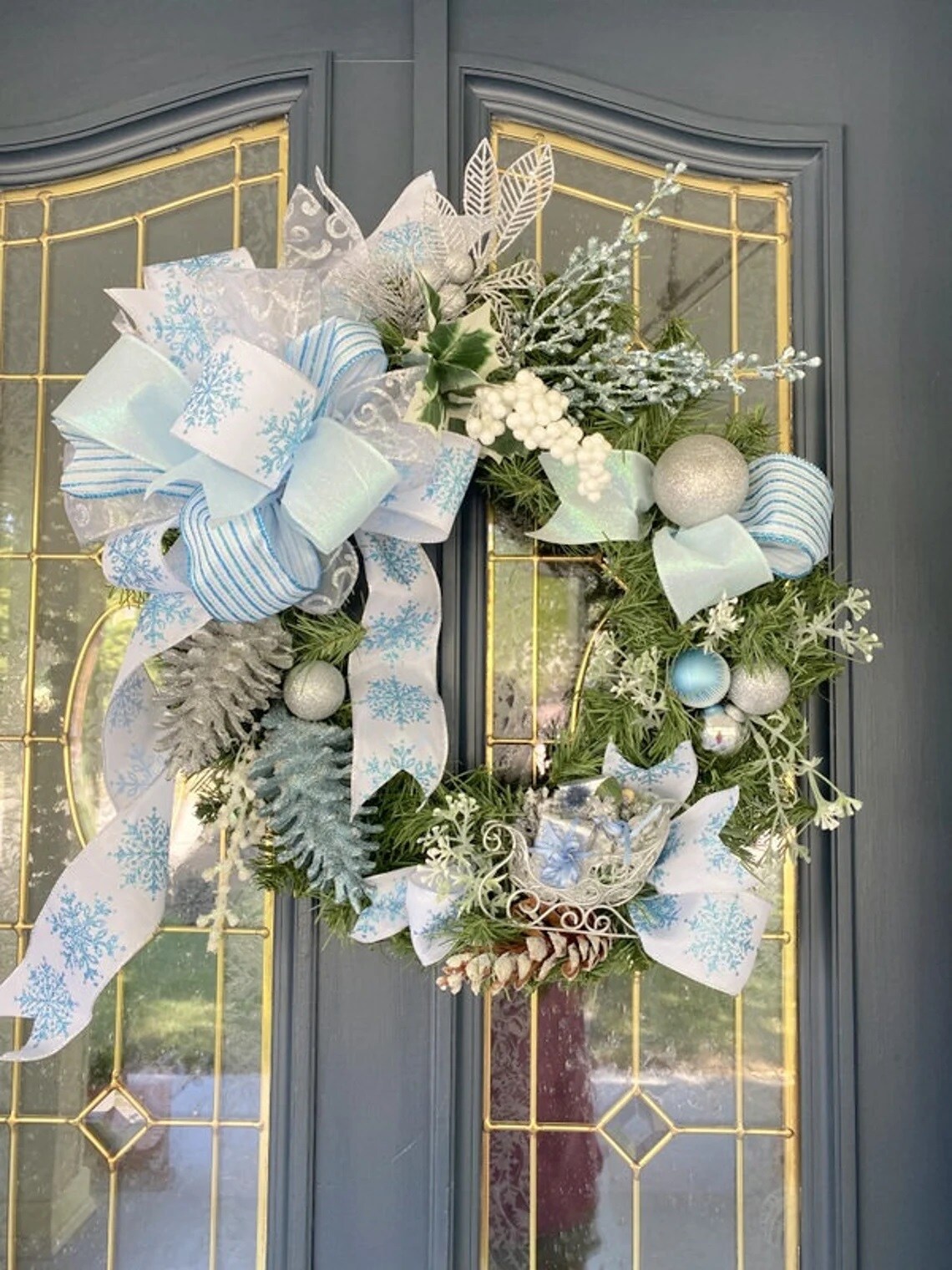 Blue deals and silver Christmas wreath. Christmas Wreath for front door.