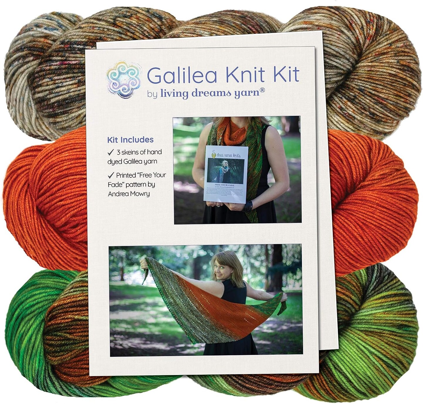 Living Dreams Yarn Galilea Shawl KNIT KIT. Includes Three Complementing Skeins of Hand Dyed Superwash Merino Yarn + Famous Free Your Fade Knitting Pattern.