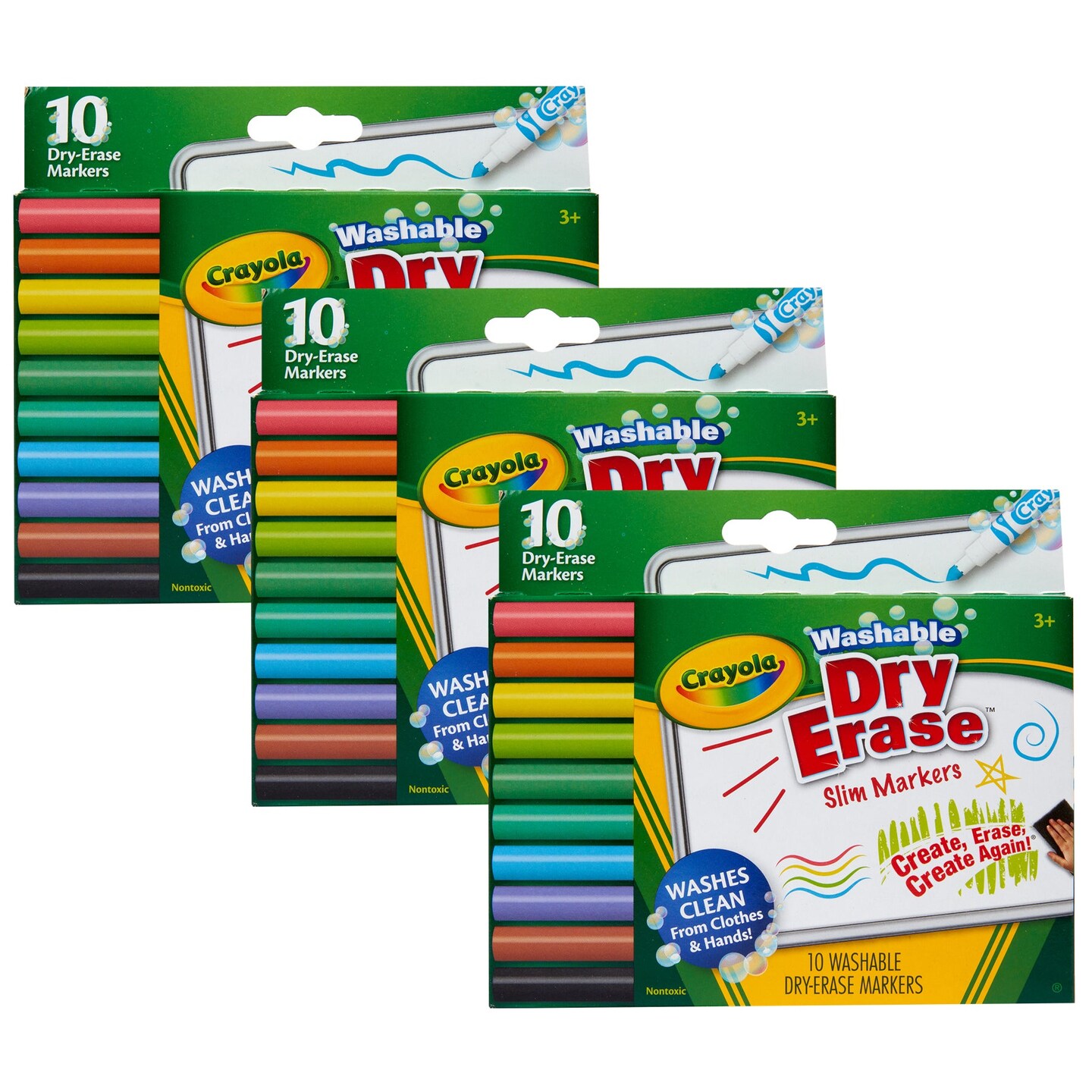 Washable Slim Dry Erase Markers, 10 Per Pack, 3 Packs