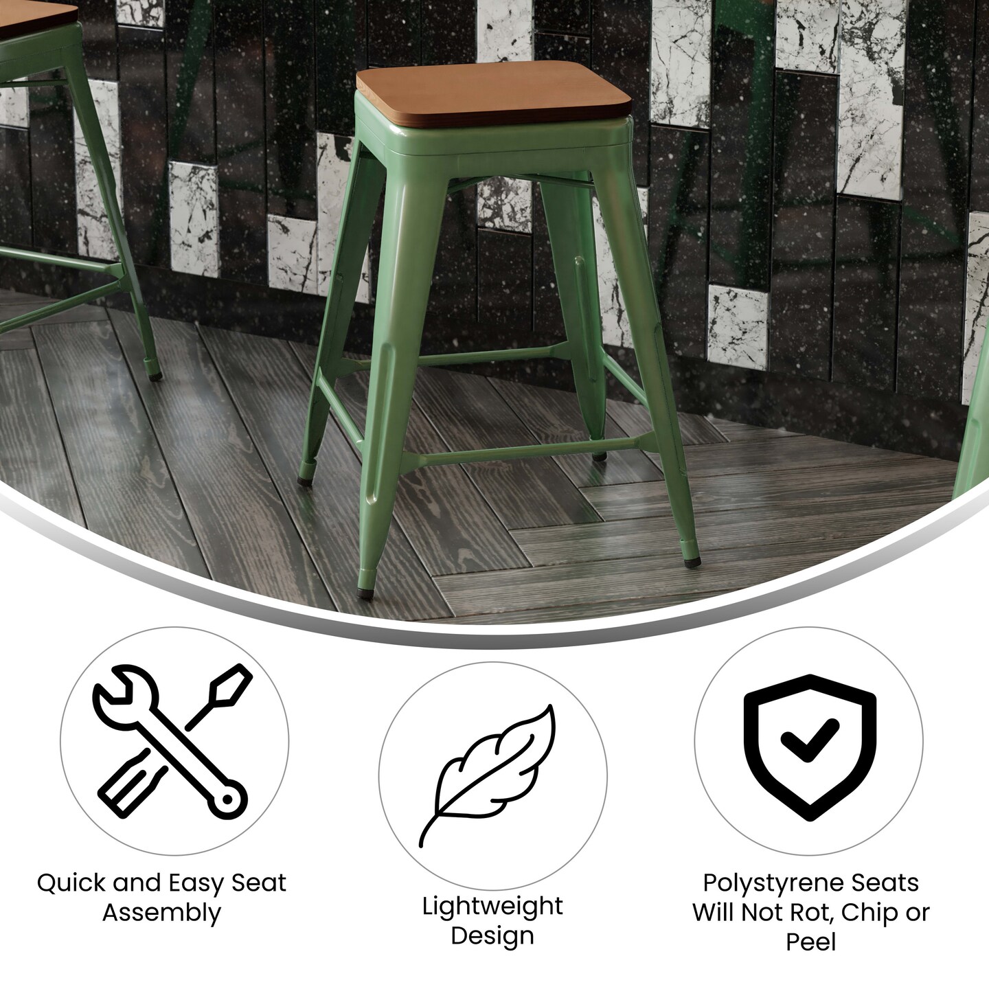 Emma and Oliver Kam Backless Metal Indoor-Outdoor Stool with All-Weather Polystyrene Seat