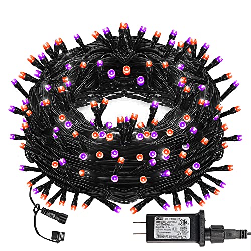 DAZZLE BRIGHT Halloween 300 LED String Lights, 100FT String Lights with 8 Lighting Modes, Halloween Decorations for Party Carnival Supplies, Outdoor Yard Garden Decor (Purple &#x26; Orange)
