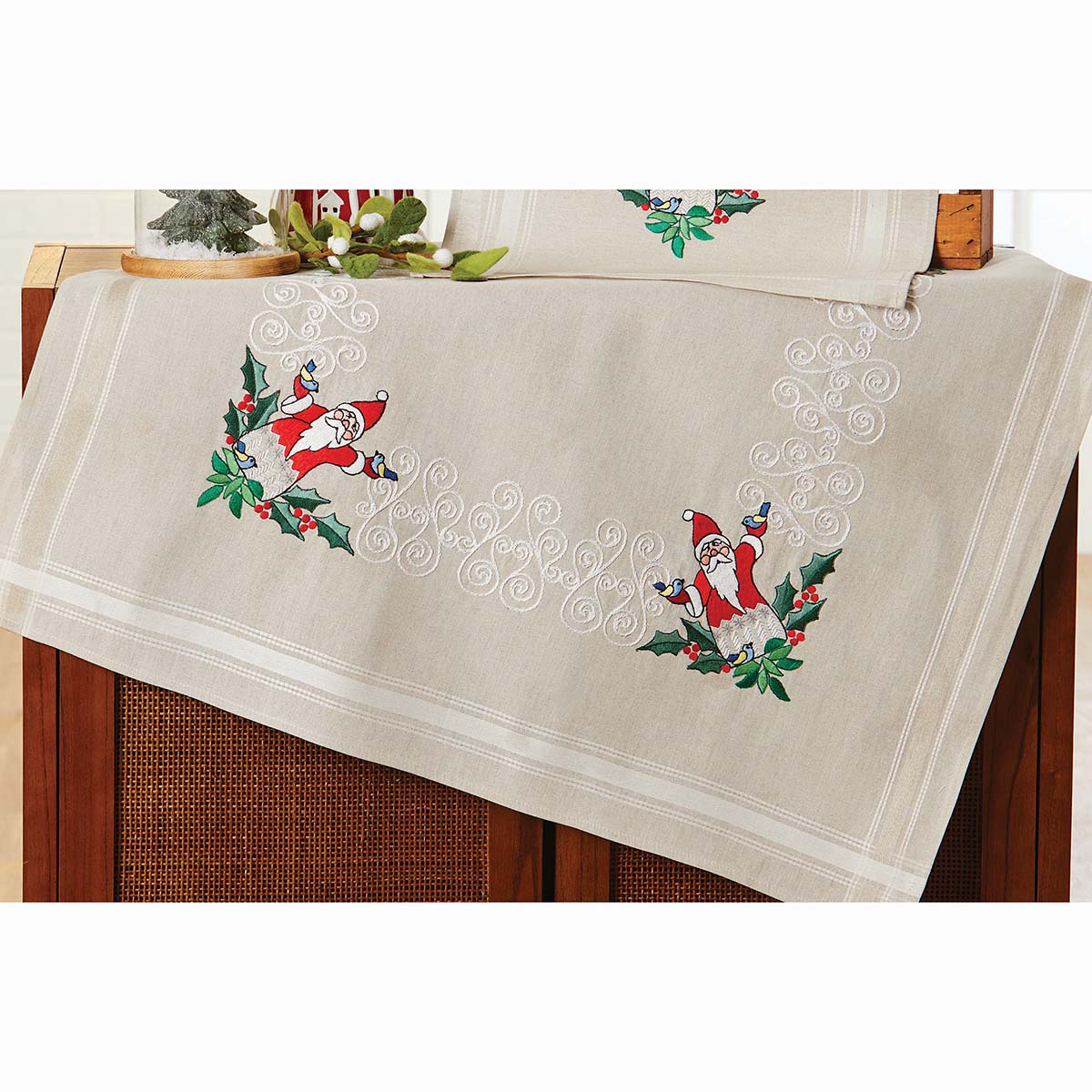 Nob Hill Santa with Birds Table Topper Stamped Embroidery Kit
