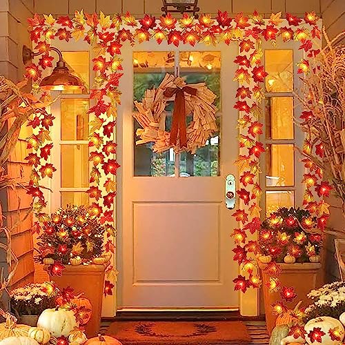 4 Pack Fall Decorations Maple Leaf Lights Garland, Total 40Ft 80LED Lights Battery Operated Fall Leaves Garland with Lights Wedding Autumn Harvest Lights String Home Indoor Outdoor Thanksgiving Decor