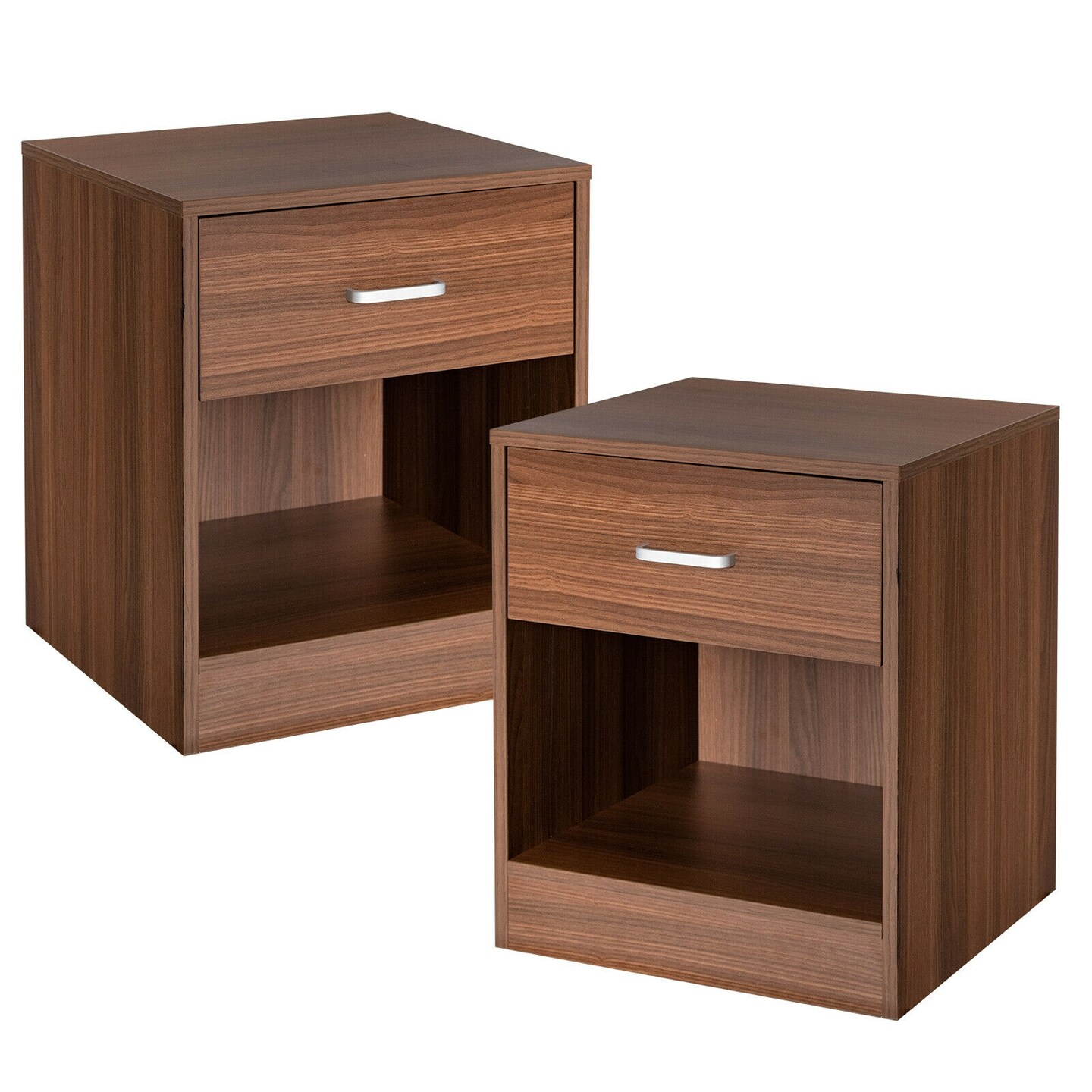 Set of 2 Modern Nightstand with Storage Drawer with Metal Handle and Large Open Shelf