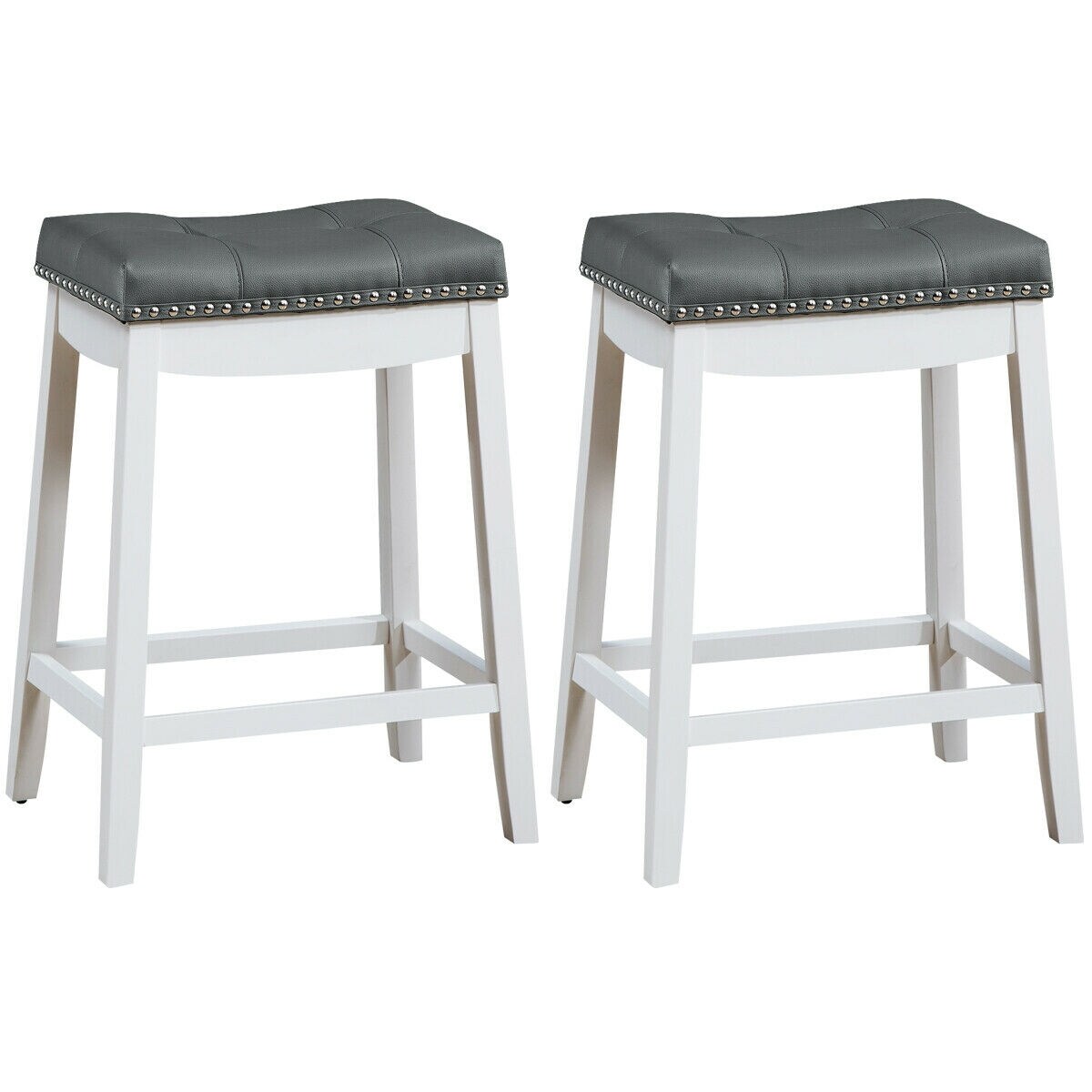 Set of 2 Backless Bar Stools with Nail head Padded Saddle Seat and Rubber Wood Legs