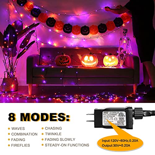 kemooie 300 LED Orange&#x26;Purple Halloween Lights, 99FT Connectable 8 Lighting Modes with Memory Function Plug in, Waterproof for Outdoor Indoor Halloween Garden Roof Decorations (Purple and Orange)