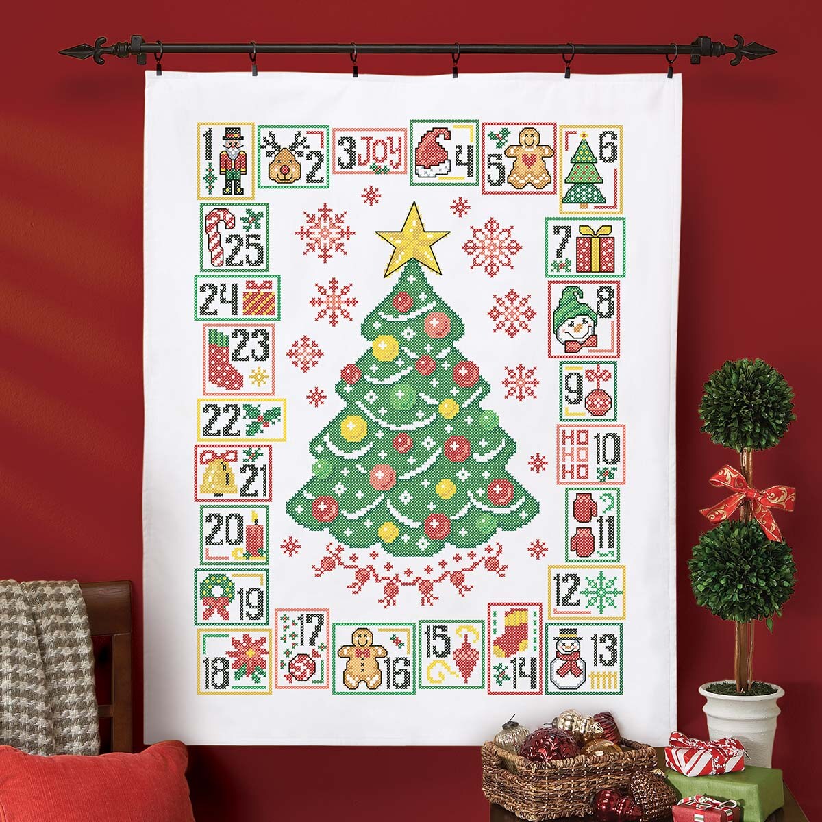 Herrschners Christmas Countdown Lap Quilt Top Stamped Cross-Stitch Kit