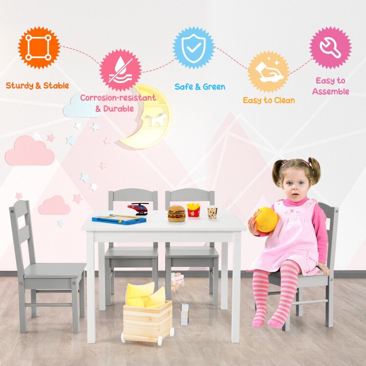 Kids 5 Pieces Table and Chair Set Wooden Children Activity Playroom Furniture Gift