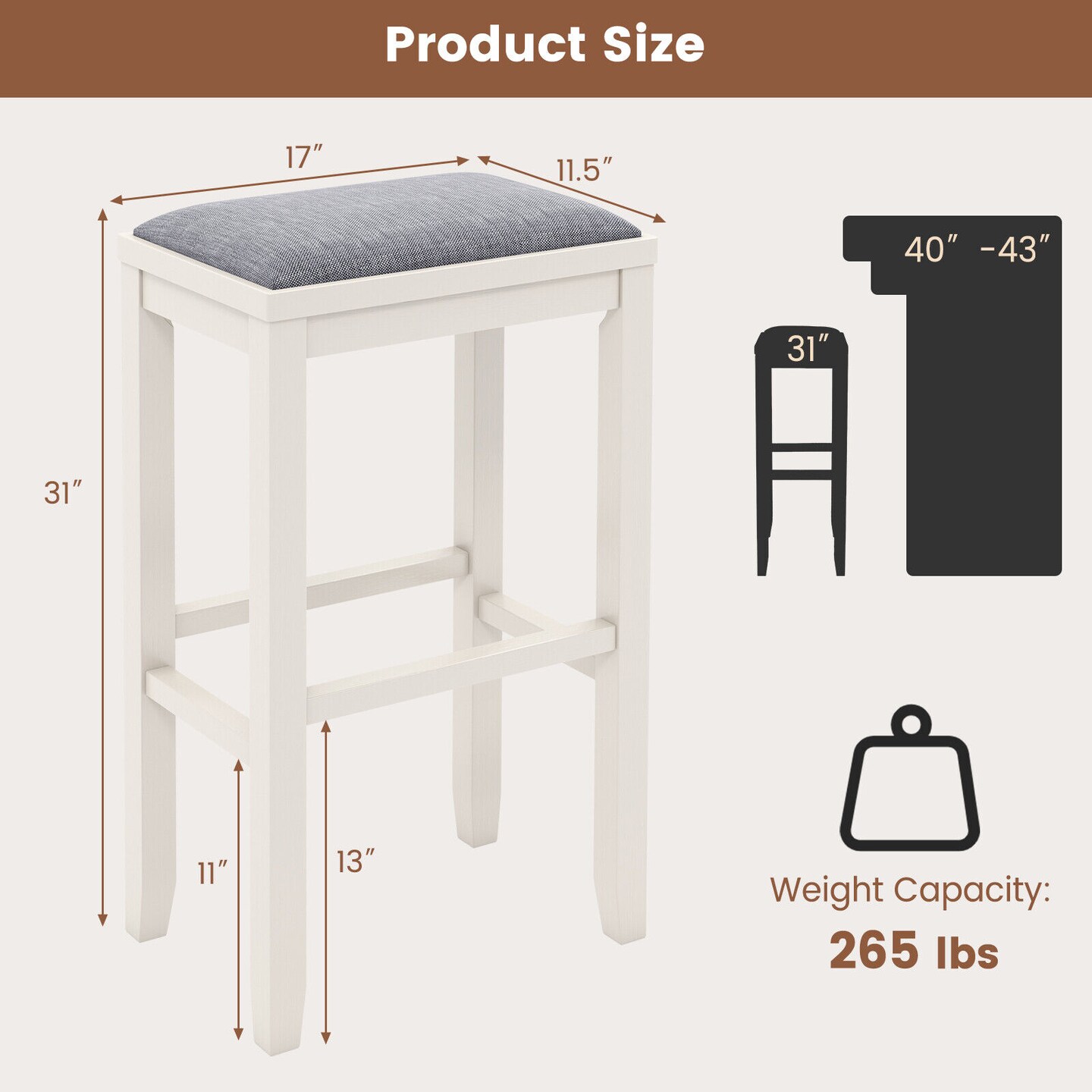 Rubber Wood Linen Bar Stools &#x2013; Backless, 265 lbs Capacity