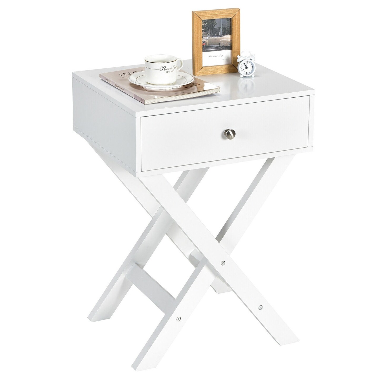 X Shaped Base Side Nightstand with 1 Drawer Perfect for Place to Plant and Photo Frame or Any Decorative Item