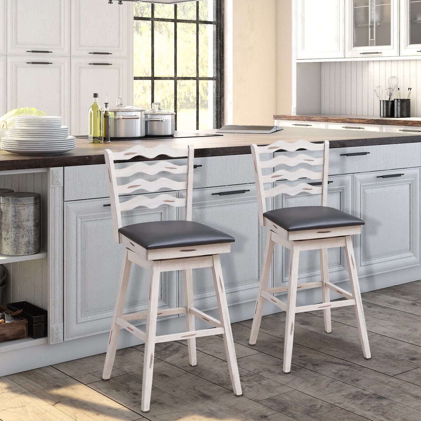 360&#xB0; Swivel Bar Stools with Rubber Wood Frame and Ergonomic Backrest and Footrest-29 inches