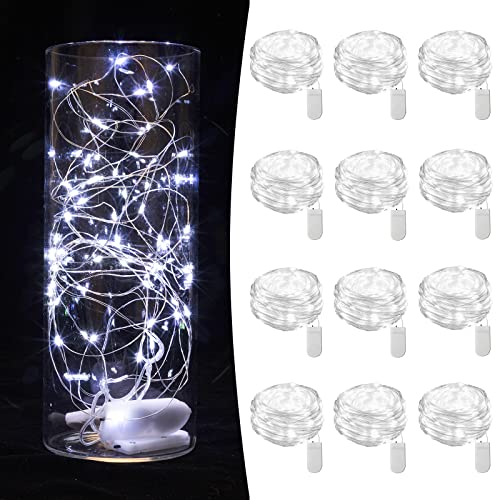 12 Pack Fairy Lights Battery Operated String Lights 7ft 20 Led Mason Jar Lights Waterproof Silver Wire Light Fireflies DIY Party Wedding Christmas Valentines Day Decoration(12 Pack,Cool White)
