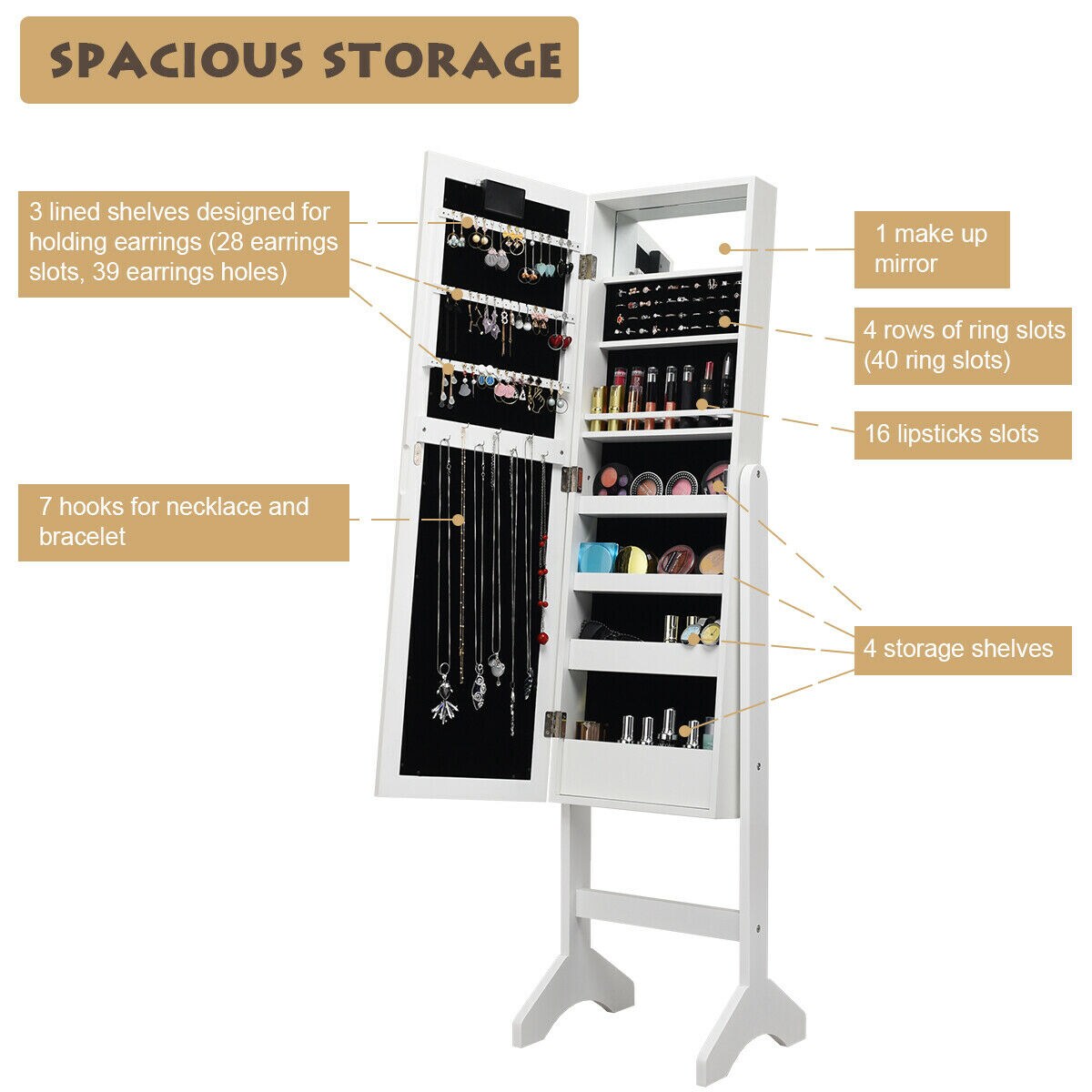 Freestanding Jewelry Organizer Cabinet Armoire with LED Lights and Full Length Mirror