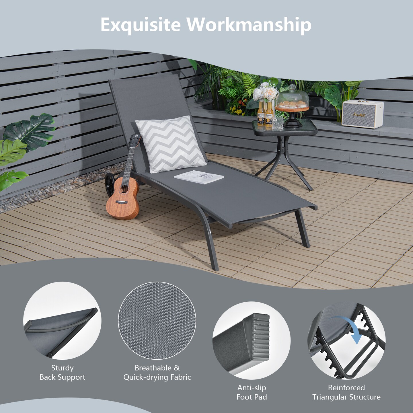 Costway Outdoor Adjustable Chaise Lounge Patio 6-Position Recliner with Wheels