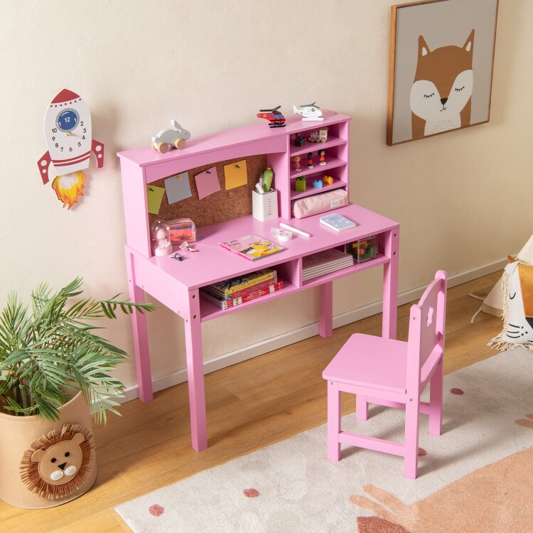 Kids Wooden Desk and Chair Set with 4-tier Storage Shelves and 2 Open Drawers