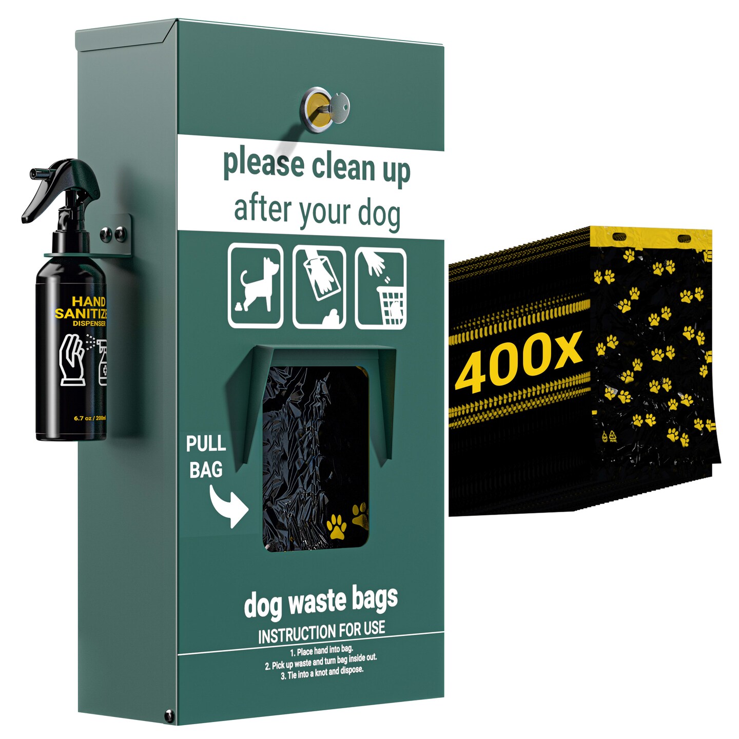 Emma and Oliver Kirk Locking Dog Waste Bag Dispenser with Glow in the Dark Sign, Hand Sanitizer Bottle and Rain Guard - 400 Pull Out Header Bags Included