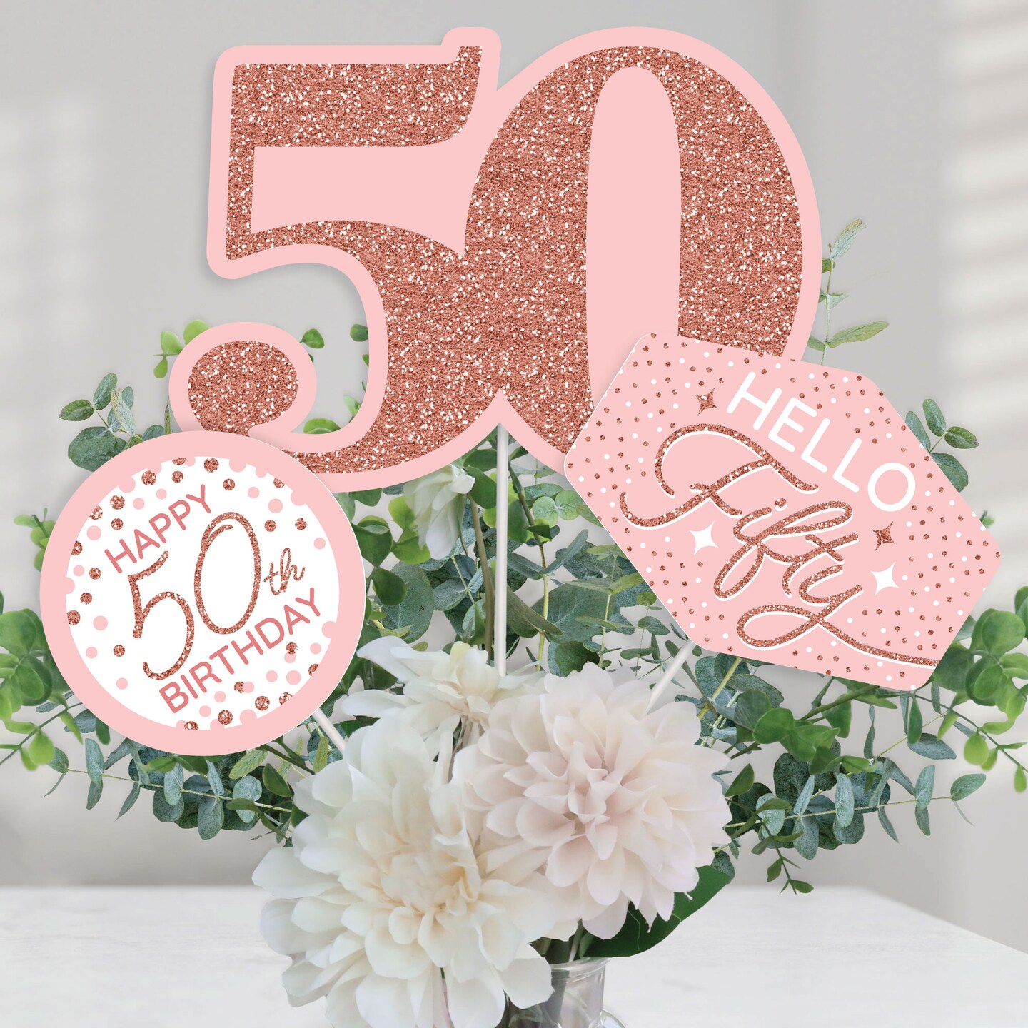 Big Dot of Happiness 50th Pink Rose Gold Birthday - Happy Birthday Party Centerpiece Sticks - Table Toppers - Set of 15