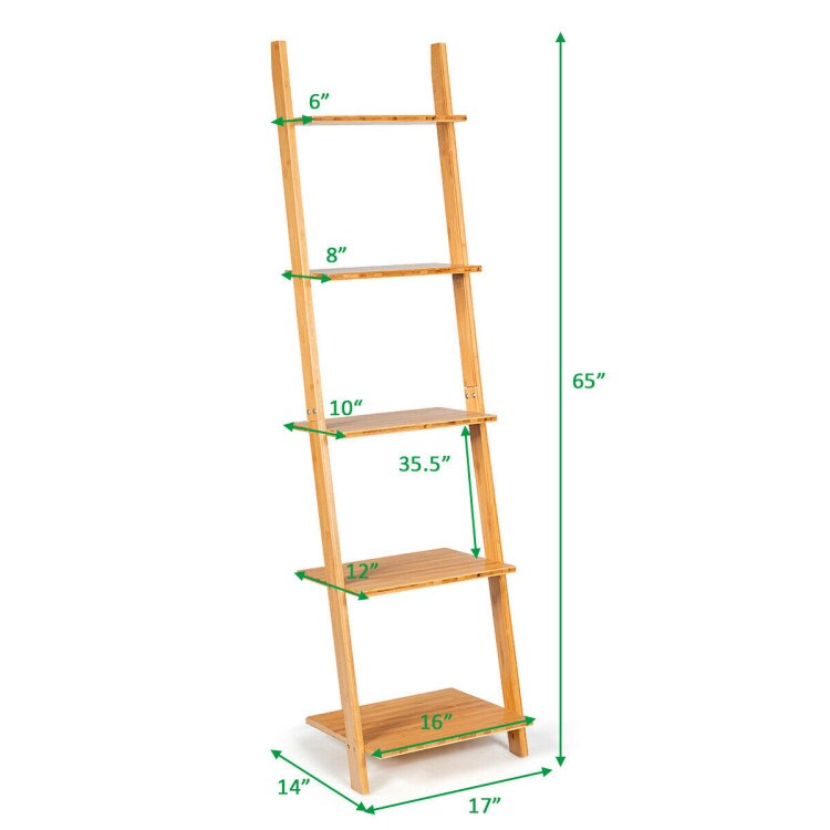 Natural Modern Wicker Leaning Ladder Bookshelf with 5 Shelves