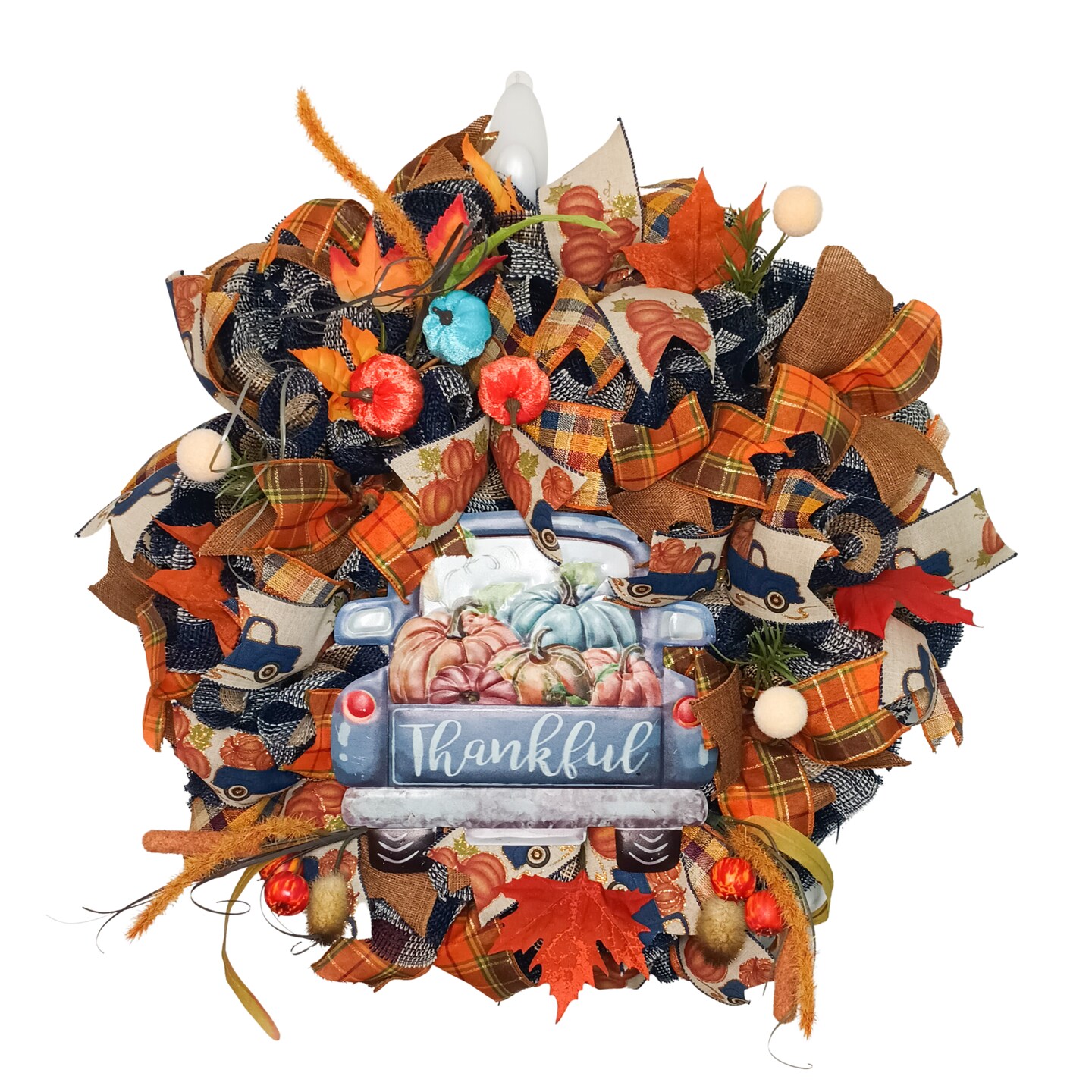 Fall Wreath for Front Door, Farmhouse Deco Mesh Pumpkin Wreath, Autumn Blue Truck, Thanksgiving