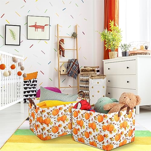 Pumpkin Fall Storage Bin Basket Collapsible with Leather Handles Waterproof Canvas Storage Cube Box for Closet Toys Clothes Thanksgiving Room Decor Gift Basket
