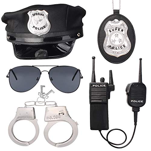Beelittle Police Officer Role Play Kit Police Hat Handcuffs Walkie Talkies Policeman Badge Sunglasses Police Costume Accessories for Cop Swat FBI Halloween Party Dress up (B)