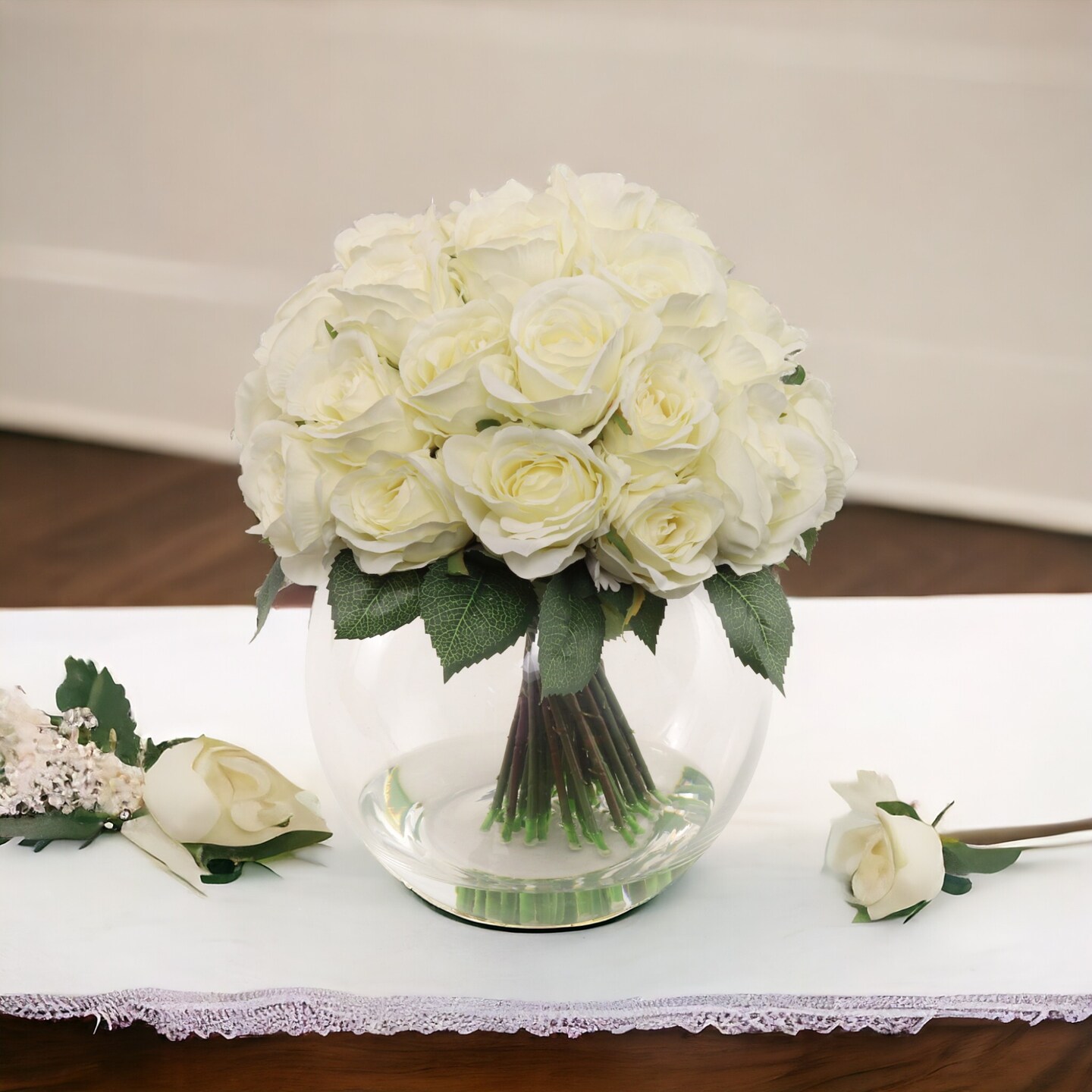 White Rose Arrangement in Faux Water Look Glass Vase by Floral Home&#xAE;