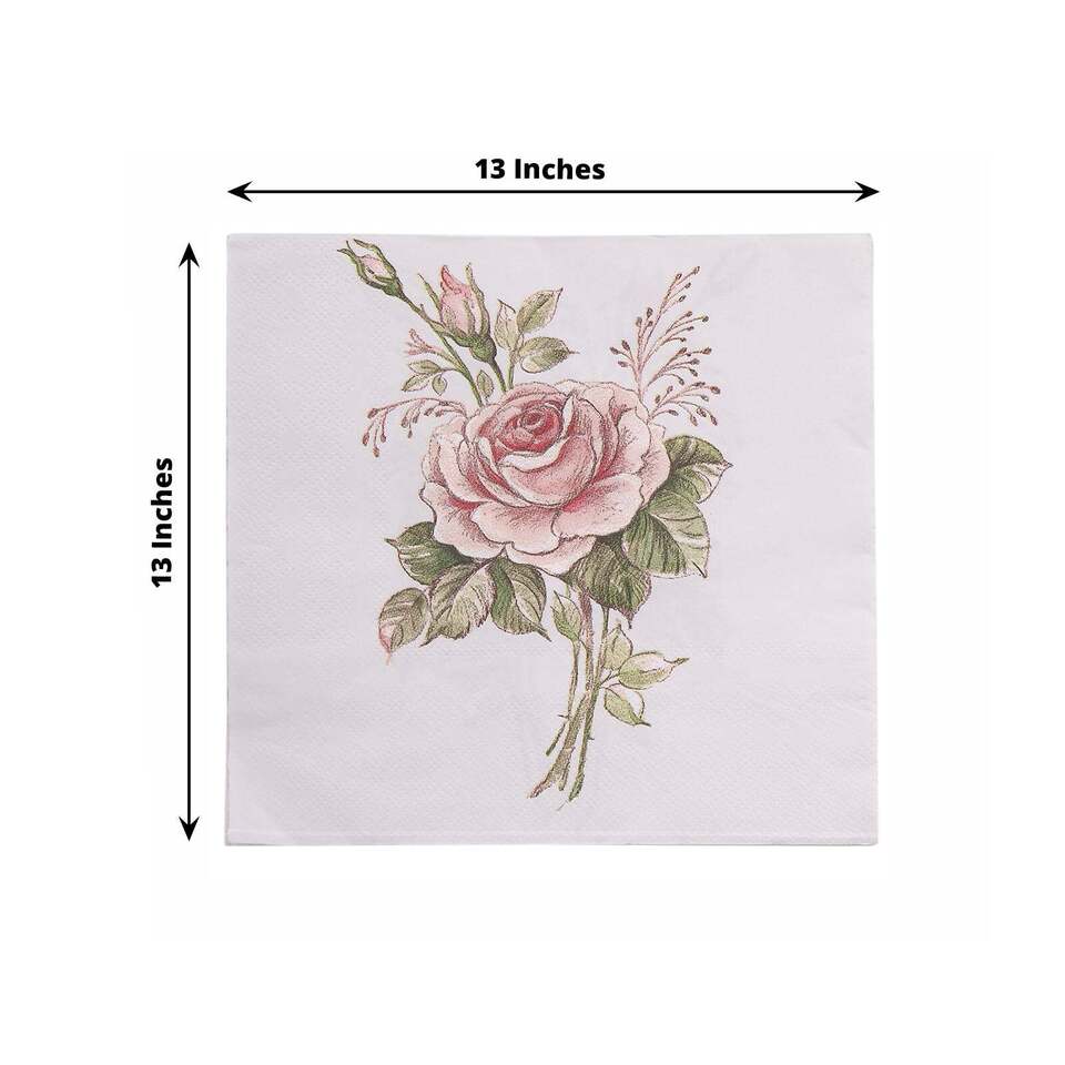 20 Ivory 13x13 in Cocktail Paper NAPKINS Pink Rose Design