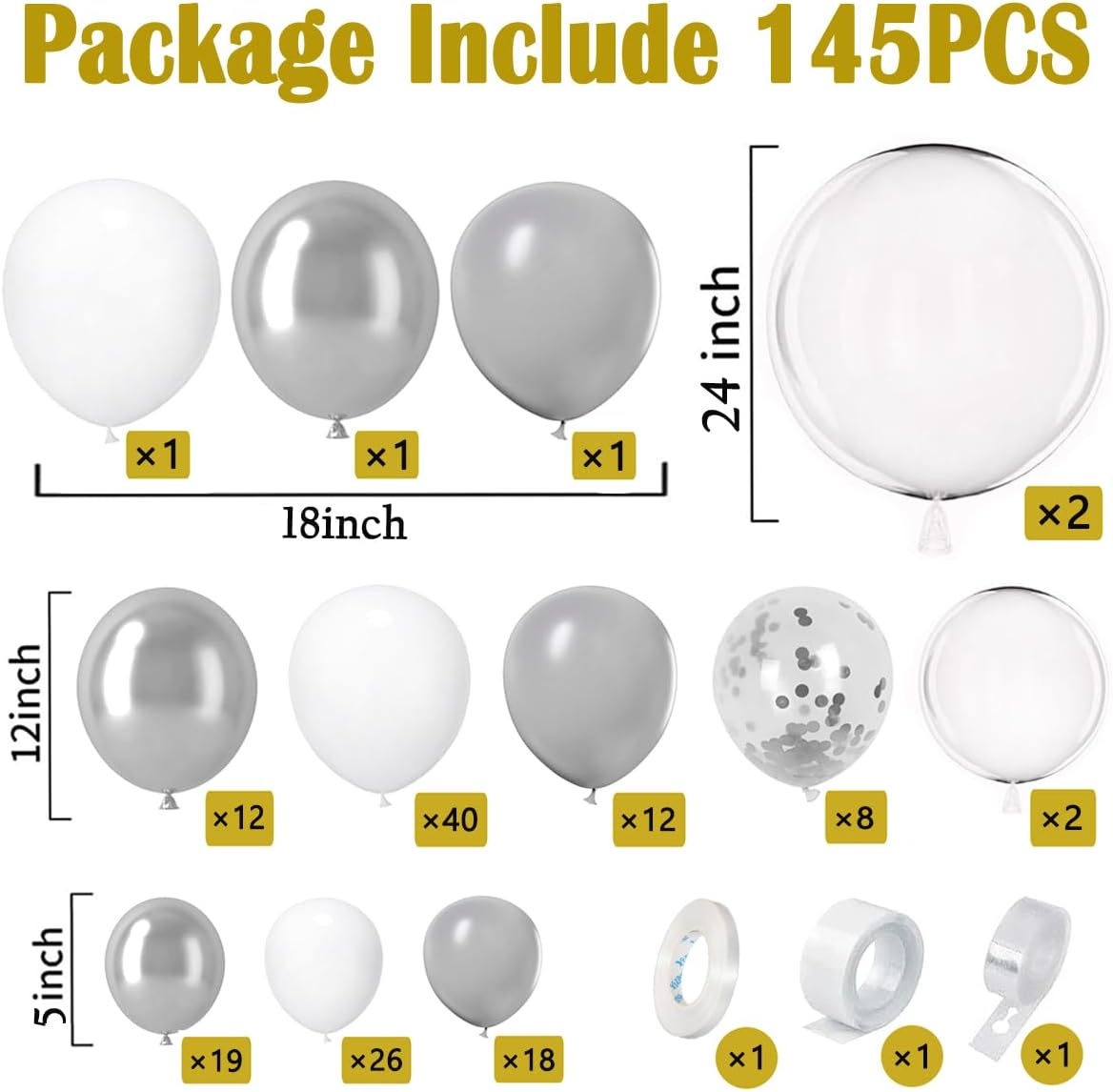 White Silver Balloon Garland Arch Kit,145pcs Grey Silver White Clear Balloons for Engagement Wedding Birthday 2024 Graduation Baby Shower Anniversary Party Decorations