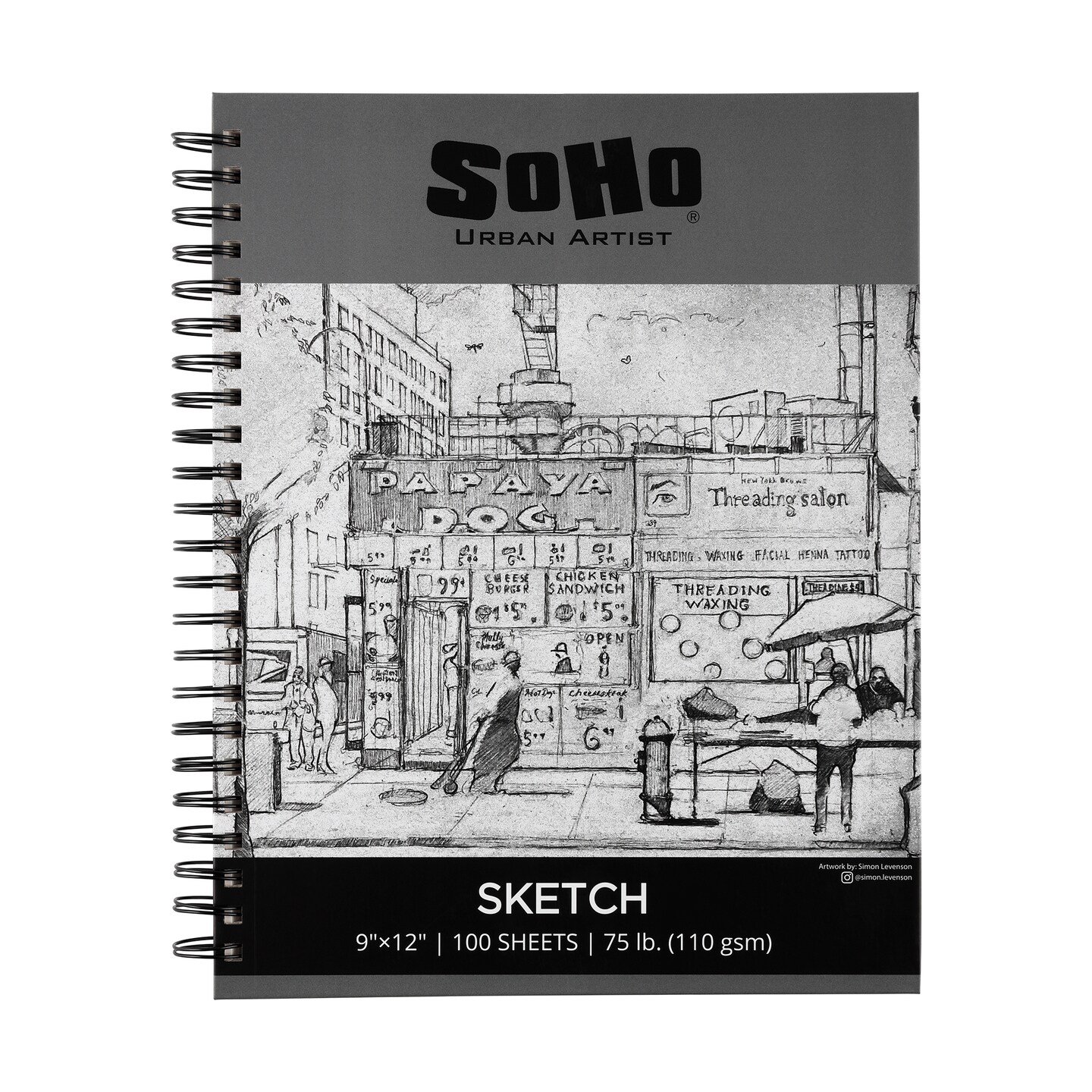 Soho Urban Artist Sketchpad (75lb/110gsm), 100 Sheets of Spiral Bound Sketch Book for Artist Pro & Amateurs, Colored Pencil, Charcoal and Graphite for Sketching