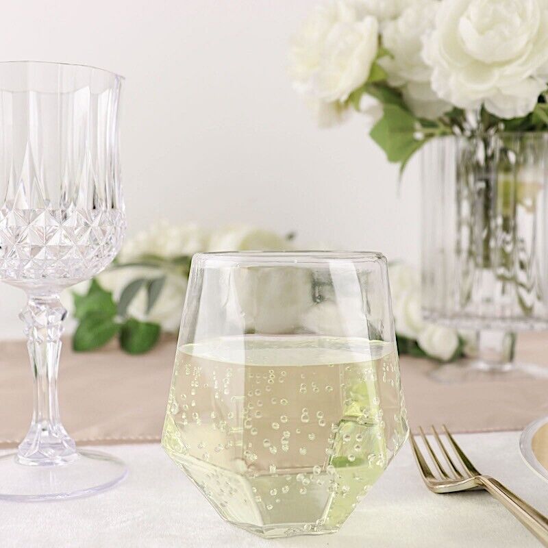 12 Clear 12 oz Disposable Geometric Plastic Stemless Wine GLASSES