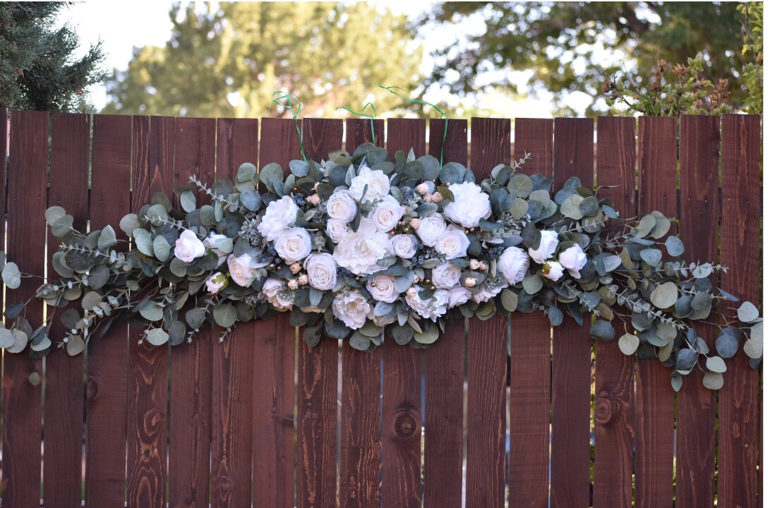 6 FT LARGE Wedding Arch Arbor Swag, Soft White, Ivory Rose Peony, Lambs Ear, Eucalyptus Floral