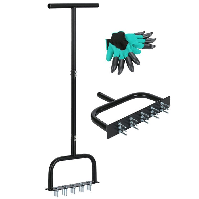 SKUSHOPS Lawn Aerator Tool Manual Metal Spike Grass Aeration with Dethatching Rake and 15 Iron Spikes for Yard and Garden