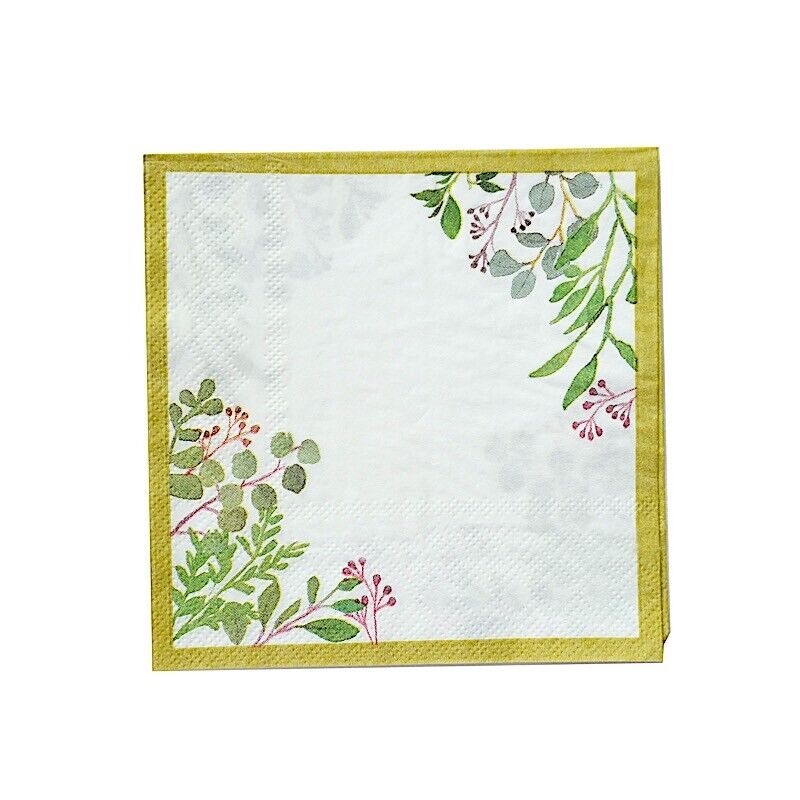 24 White 10" Greenery Design 2-Ply Paper Dinner NAPKINS Gold Rim