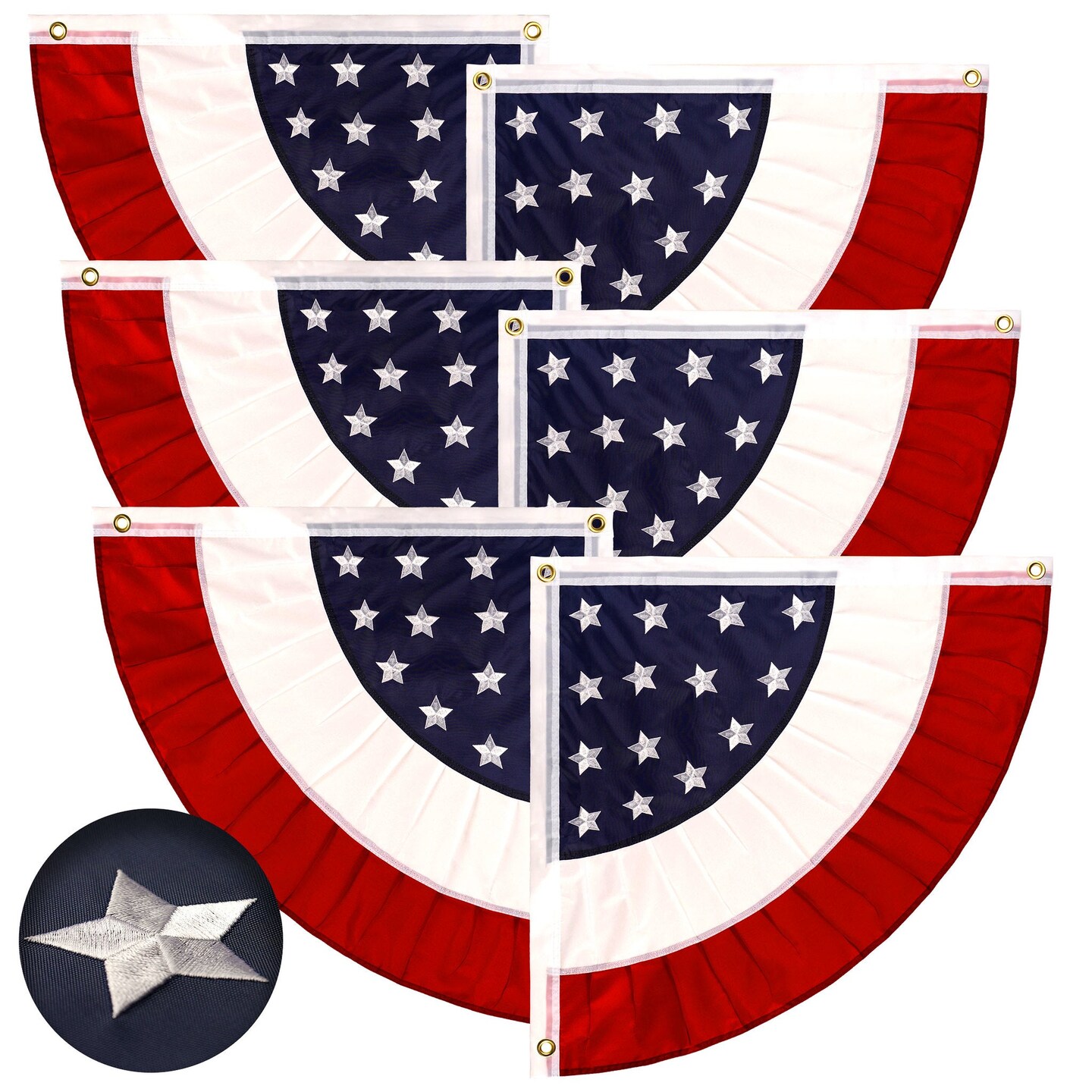 G128 3 Pack: USA Pleated Fan Flag 3x3 Feet Star Center Quarter Circle Embroidered Polyester Stars and Stripes