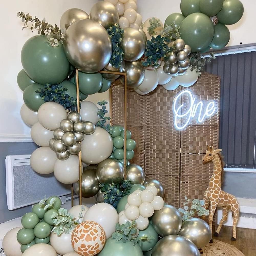 Sage Green Balloon Garland Arch Kit 153pcs Sand White Chrome Metallic Gold Avocado Olive Boho Pastel Balloons for Baby Shower Birthday Wedding Jungle Safari Party Decorations