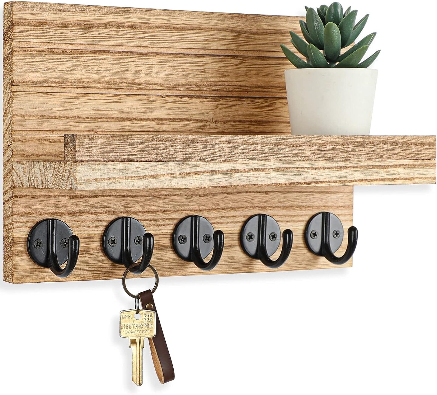 Rustic Charm: Paulownia Wood Key Holder with Shelf and Hooks