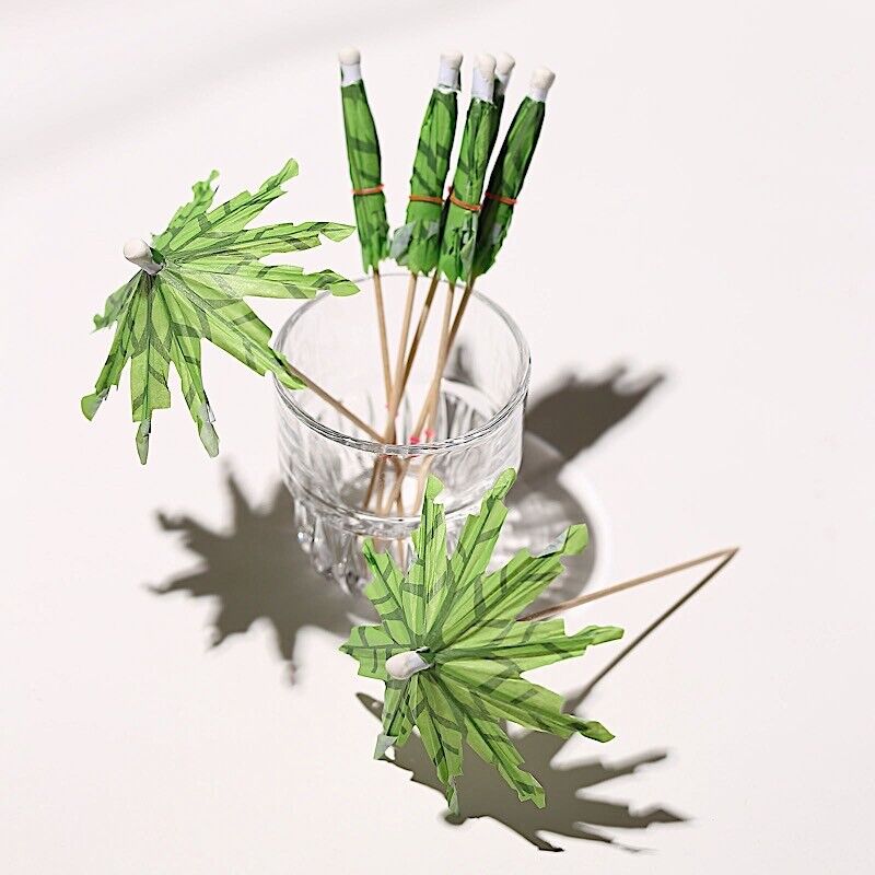 50 Green 6&#x22; Natural Bamboo SKEWERS Cocktail Picks Leaf Parasol