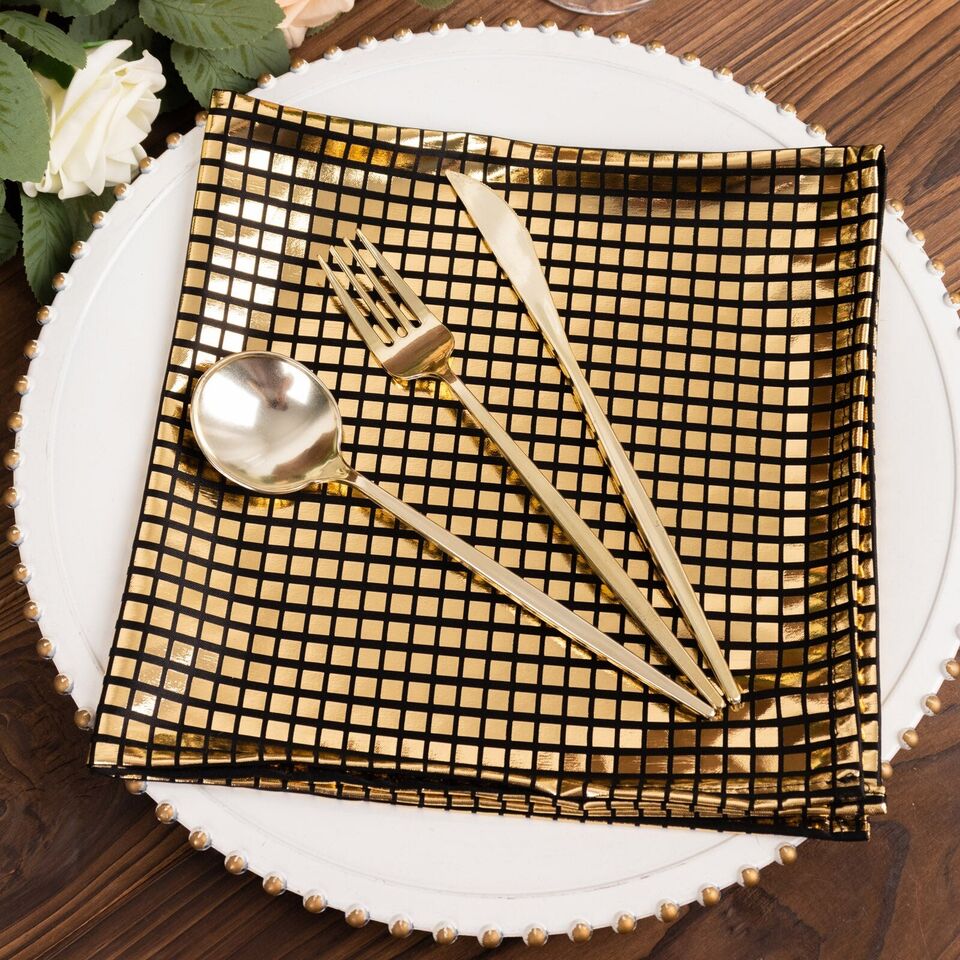5 Black 20x20 in Polyester Dinner Table NAPKINS Gold Mirror Foil