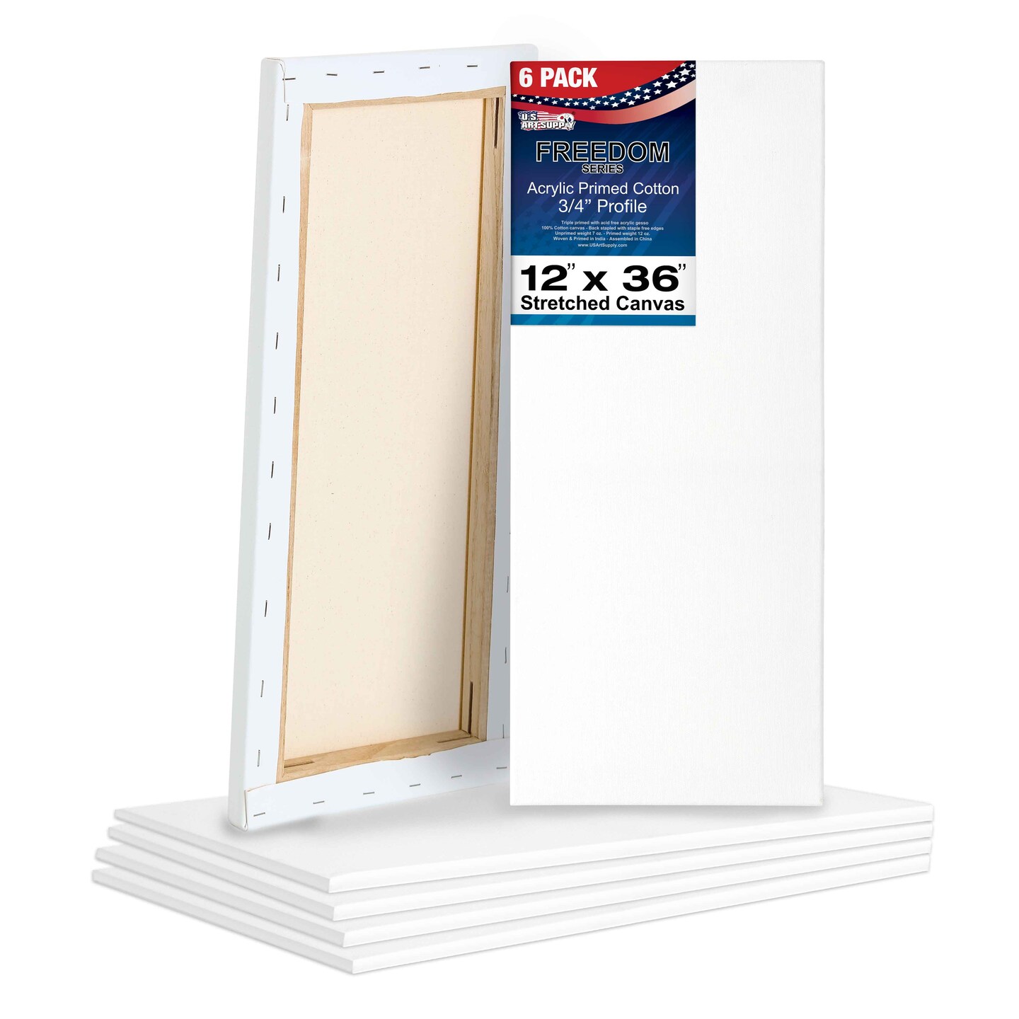 12 x 36 inch Stretched Canvas 12-Ounce Triple Primed, 6-Pack - Professional Artist Quality White Blank 3/4&#x22; Profile, 100% Cotton, Heavy-Weight Gesso