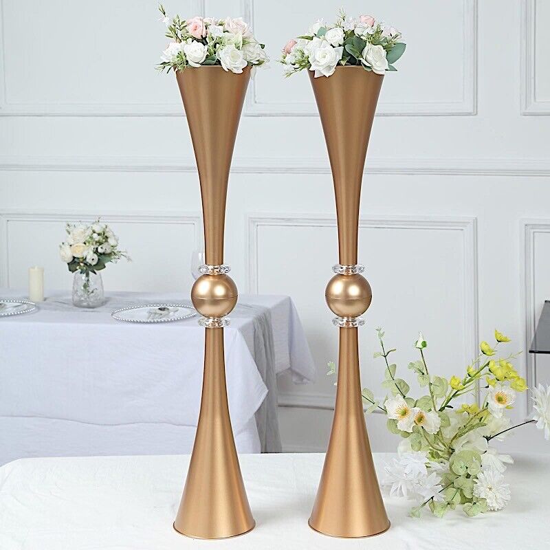 2 Metallic 31" Gold Plastic Reversible Trumpet Flower VASES Crystals