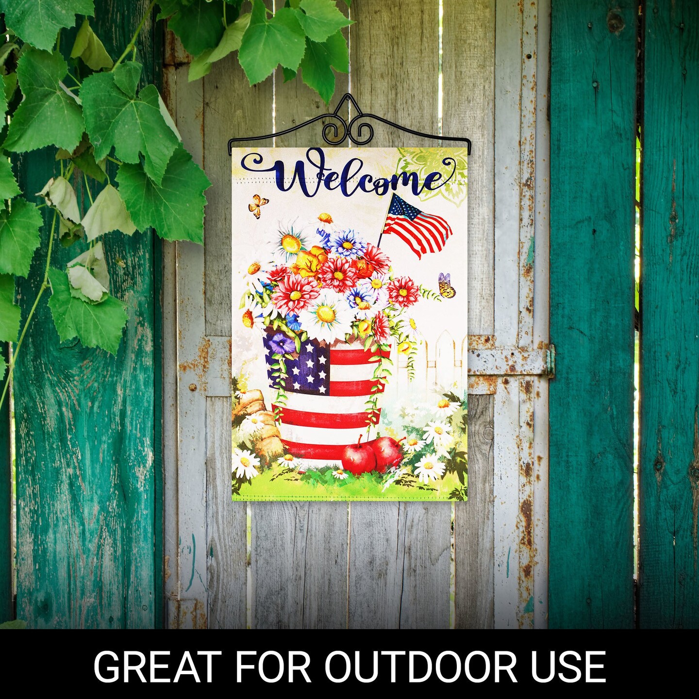 G128 Combo Pack Garden Flag Hanger 14IN & Garden Flag Garden Spring Bloom USA Flower Pot with Butterflies 12x18IN Printed 150D Polyester