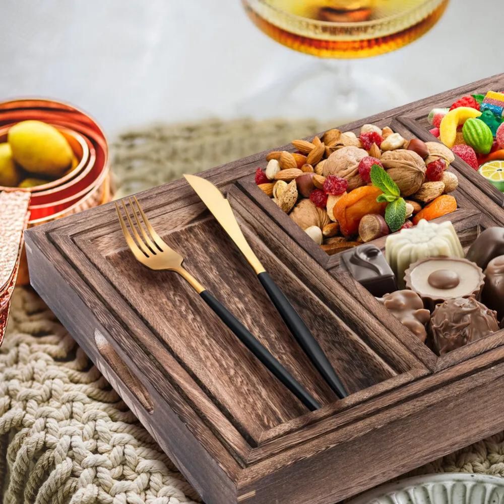 Set of 7 Rustic Wood Serving Trays Nesting Food Platter for Ottoman Coffee