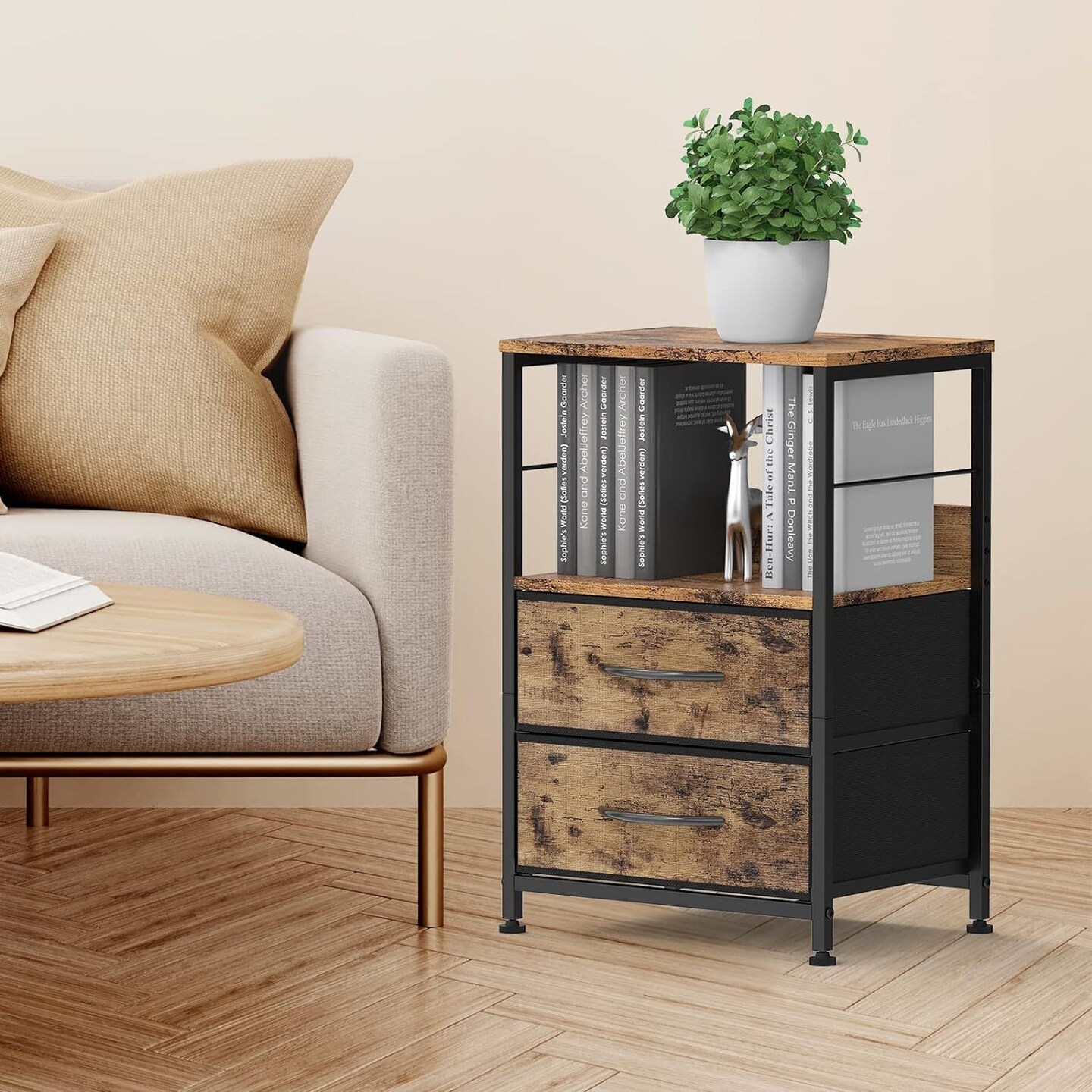 Nightstand Bedroom End Table with 2 Drawers and Open Shelf